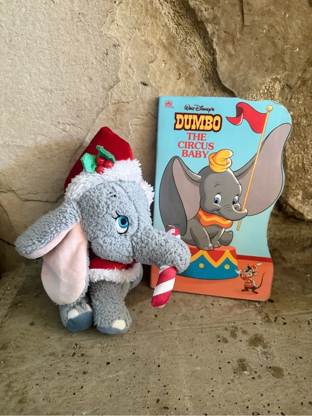 Disney Dumbo Plush Toy Gray with Red Holiday Hat and vintage kids book